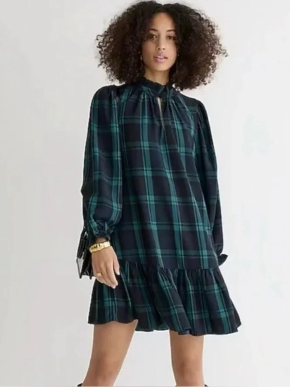 J. Crew Dark Green and Navy Plaid Long-Sleeve Ruffle-Hem Dress size Large